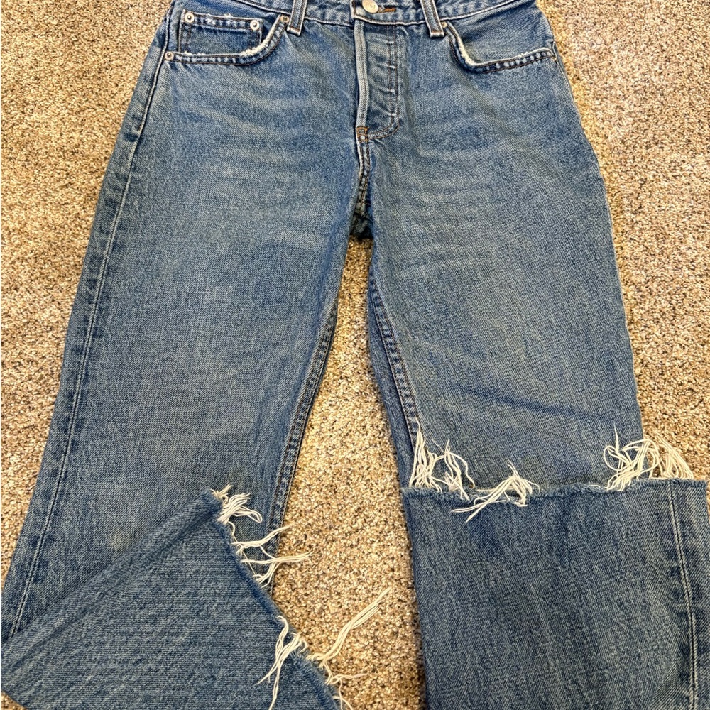 reformation mid rise raw hem crop flare jean in baltic size 27 petite - Picture 8 of 8